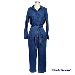 J Crew Point Sur Size 8 Medium Denim Jumpsuit Coverall Tie Belt Long Sleeve